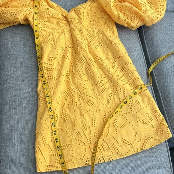 Farm Rio Monstera Yellow Eyelet Puff Sleeve Mini Dress - Picture 9 of 12